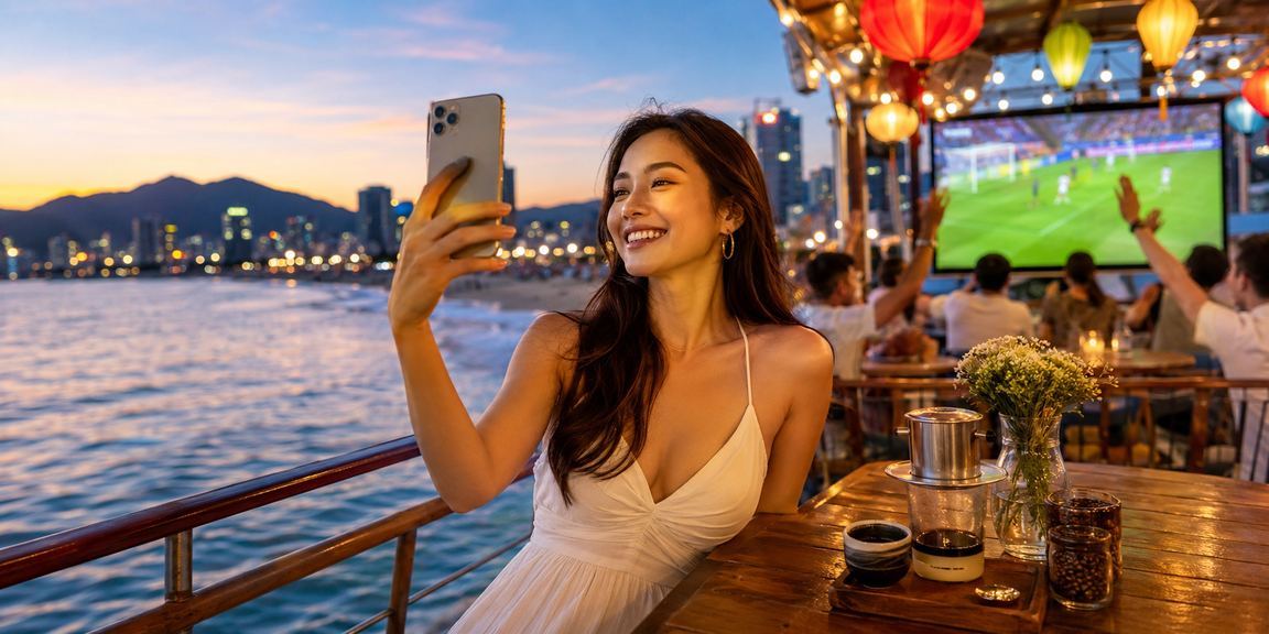 Người hâm mộ bóng đá xem kèo cá cược tại quán cà phê Đà Nẵng trên điện thoại